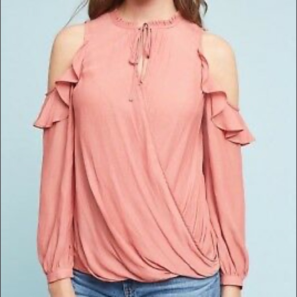 NEW Anthro Maeve Pink Leisel Ruffle Cold Shoulder Blouse